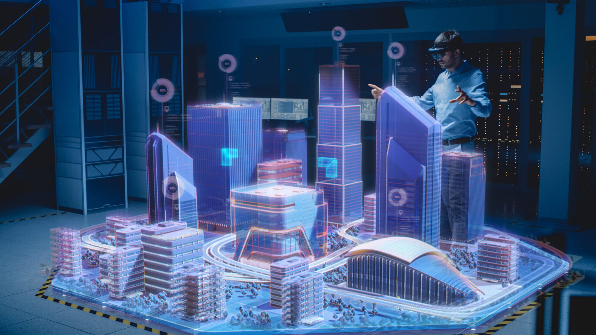 Man in a virtual reality headset stands over a 3D augmented reality city scape