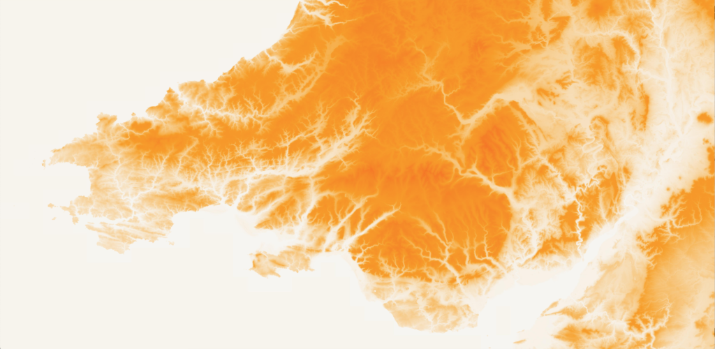 A 3d map in orange, with gradients in the colour to show elevation. 