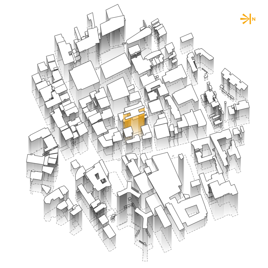 a property boundary map in 3d, with one property highlighted in gold