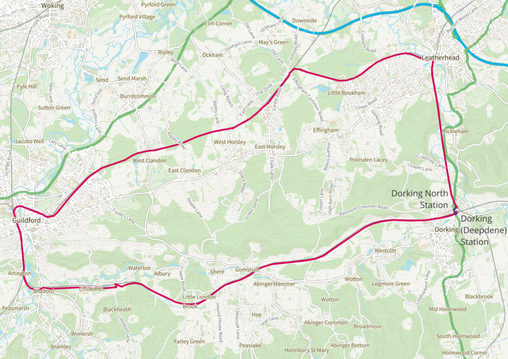 The Routes between Dorking North and Dorking (Deepdene) Stations.