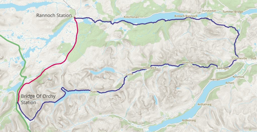 The route between Bridge of Orchy Station and Rannoch station is over 4 times longer by road than by rail 