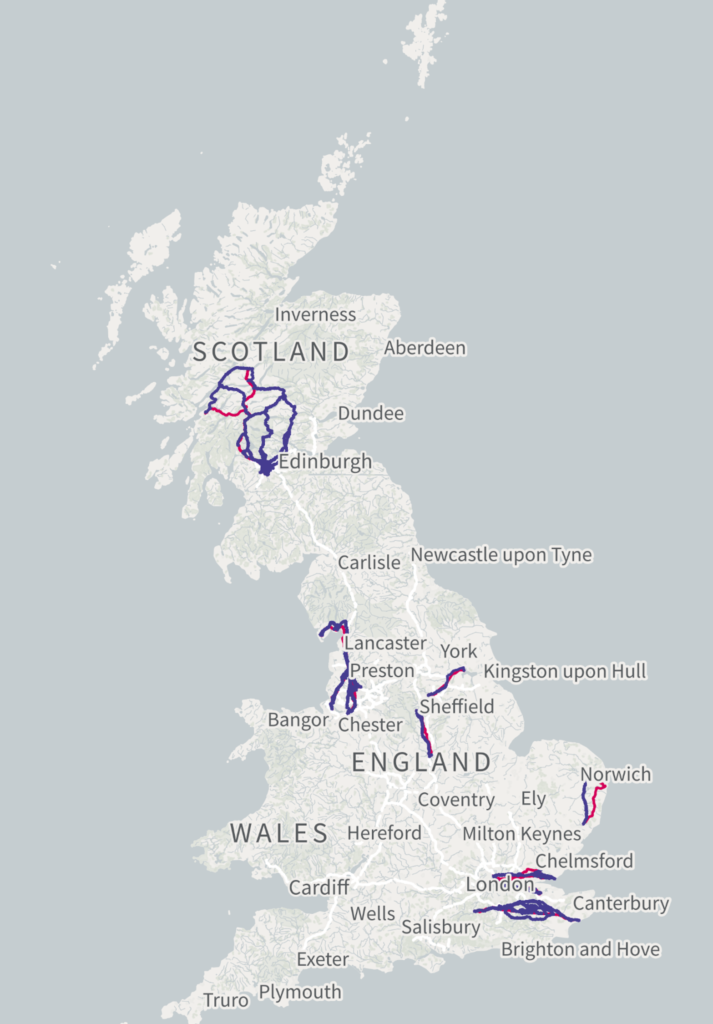 Map of the UK illustrating the key routes between stations >50km apart where the distance by road is greater than by rail 