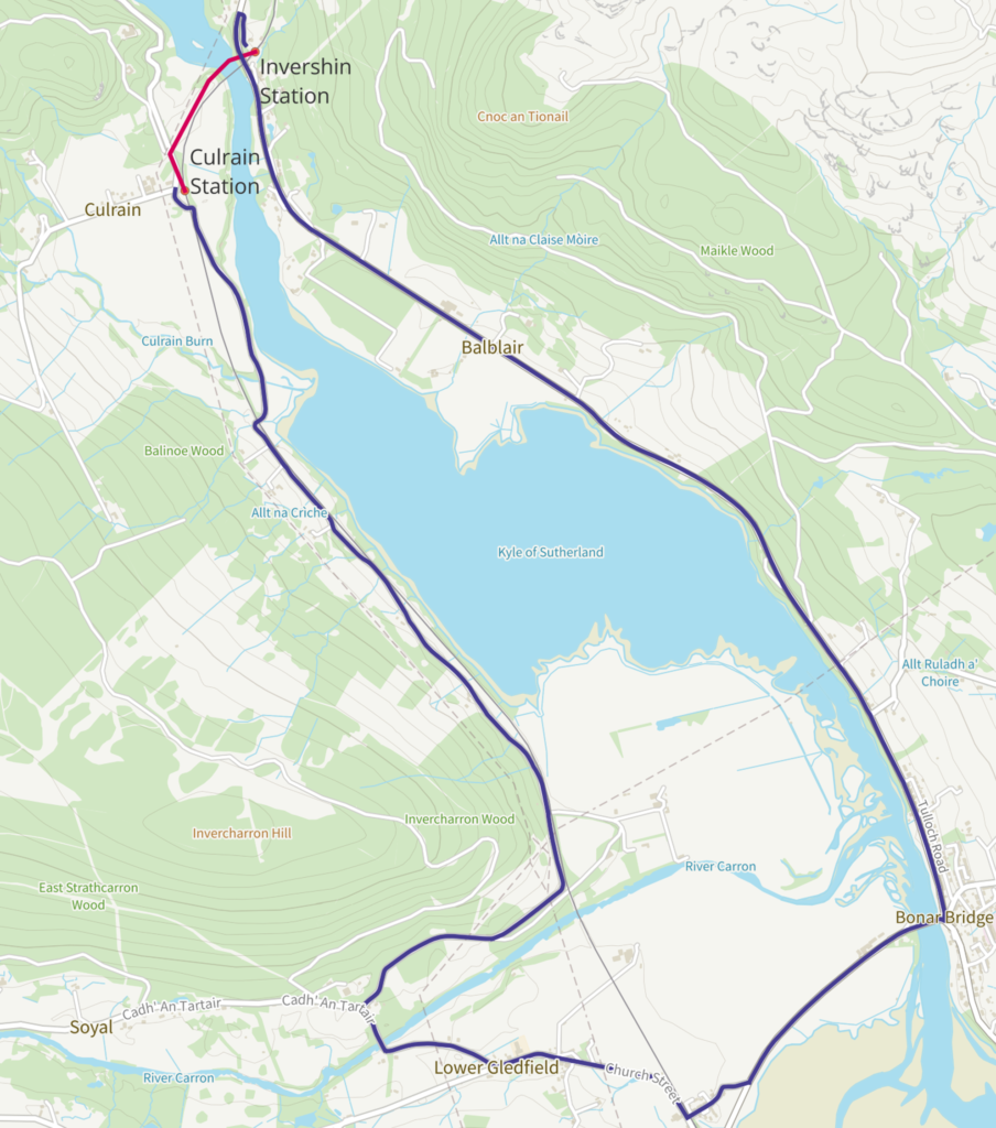 The routes between Culrain Station and Invershin Station by rail (directly across the river) and by road (via nearest road bridge) 