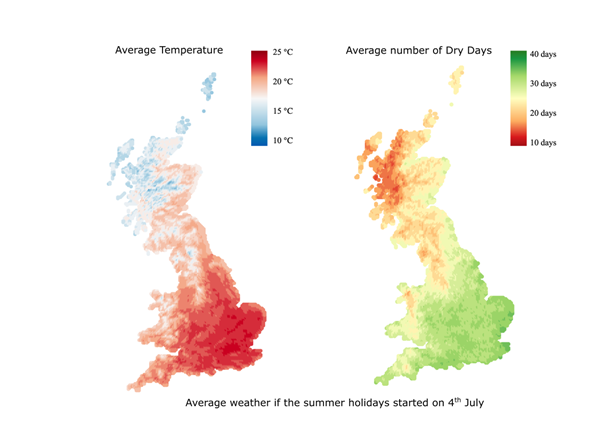 Two heat maps showing average temperature and dry days if the summer holidays started on 4th July